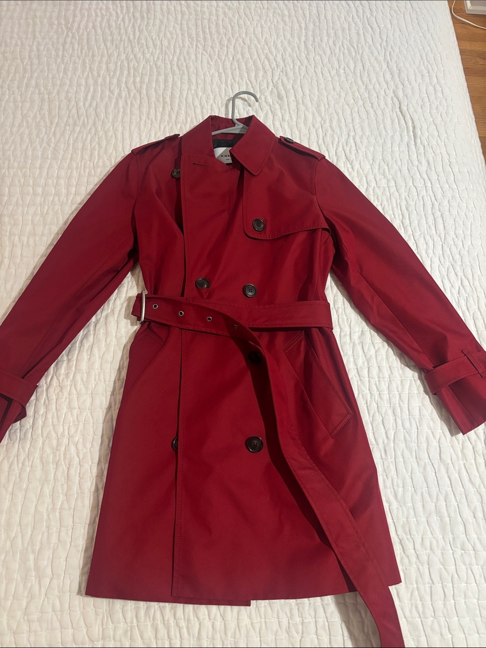 Coach “The Trench” Red Double-Breasted Trench Coat with Belt